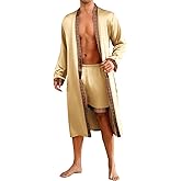 ChiaoLezhee Mens Satin Bath Robe with Shorts Set, Silk Paisley Kimono Lightweight, Soft Long Sleeve Sleepwear
