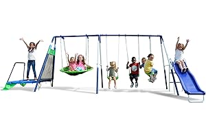 Sportspower Mountain View Metal Swing, Slide and Trampoline Set with Slide