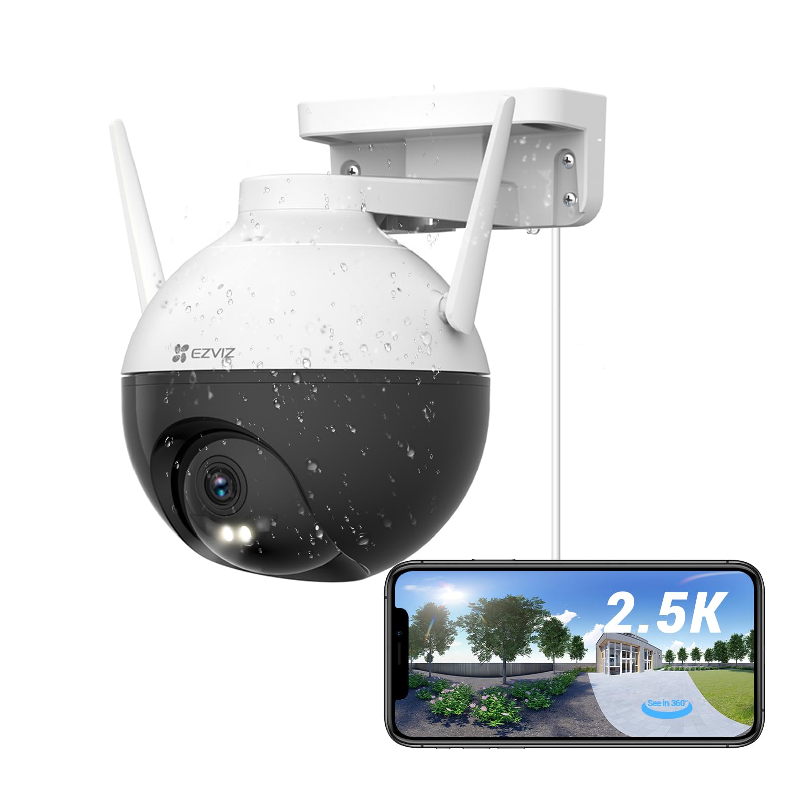 EZVIZ Security Camera Outdoor, 4MP WiFi Camera Pan/Tilt, 360° Visual Coverage, IP65 Waterproof, Color Night Vision, AI-Powered Person Detection, Two-Way Talk, Support MicroSD Card up to 256GB | C8W