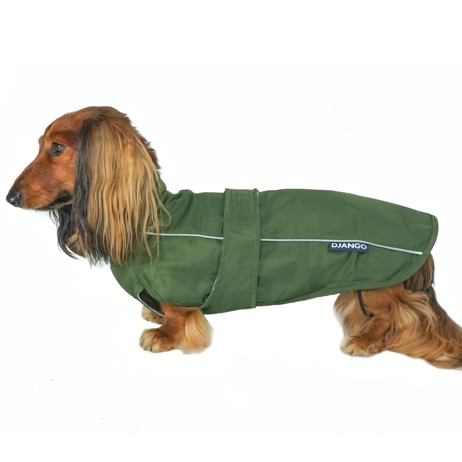DJANGO City Slicker Waterproof Dog Raincoat and Lightweight Jacket for Long Dogs - Full Coverage Puppy Coat and Reflective Rain Slicker and Windbreaker - Adjustable with Harness Hole (Kombu, Small)