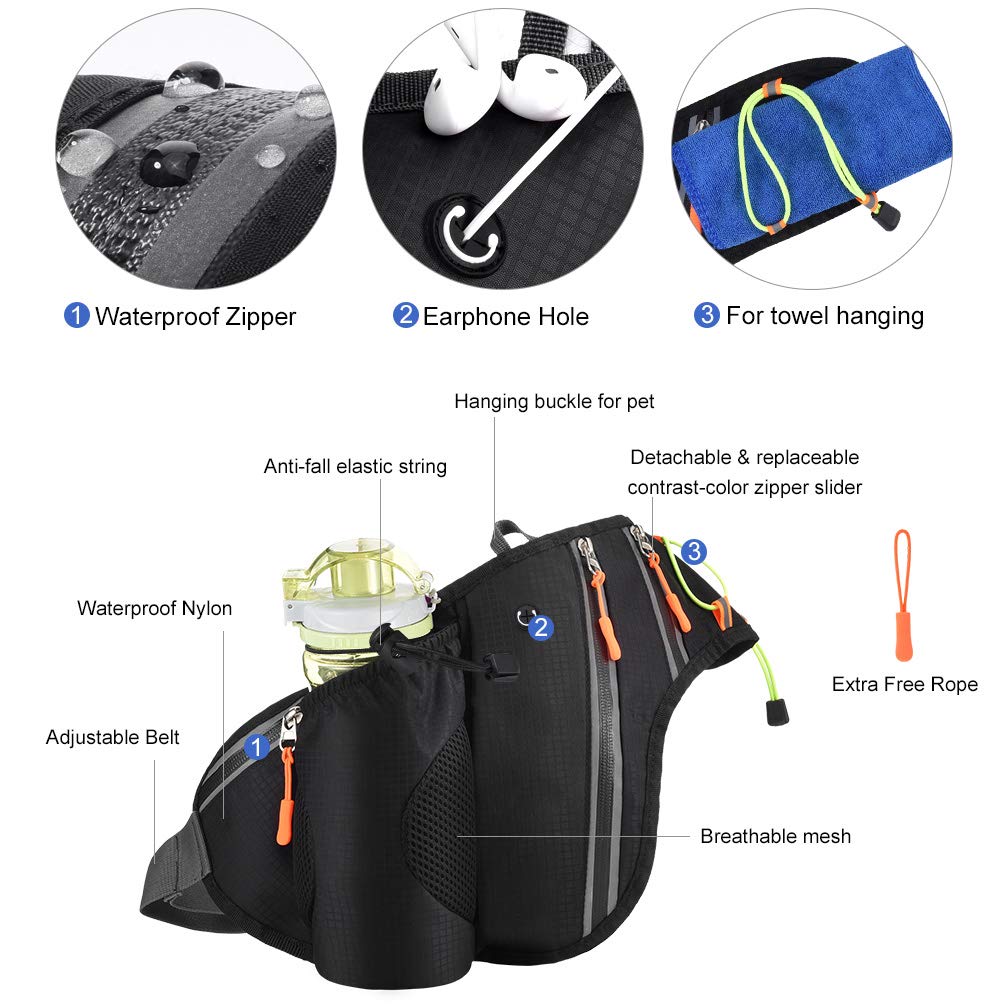 VBIGER Gürteltasche Trinkgürtel Hüfttasche mit Flaschenhalter wasserdichte Ultraleicht Bauchtasche Damen Herren für Sport Running Joggen Schwarz