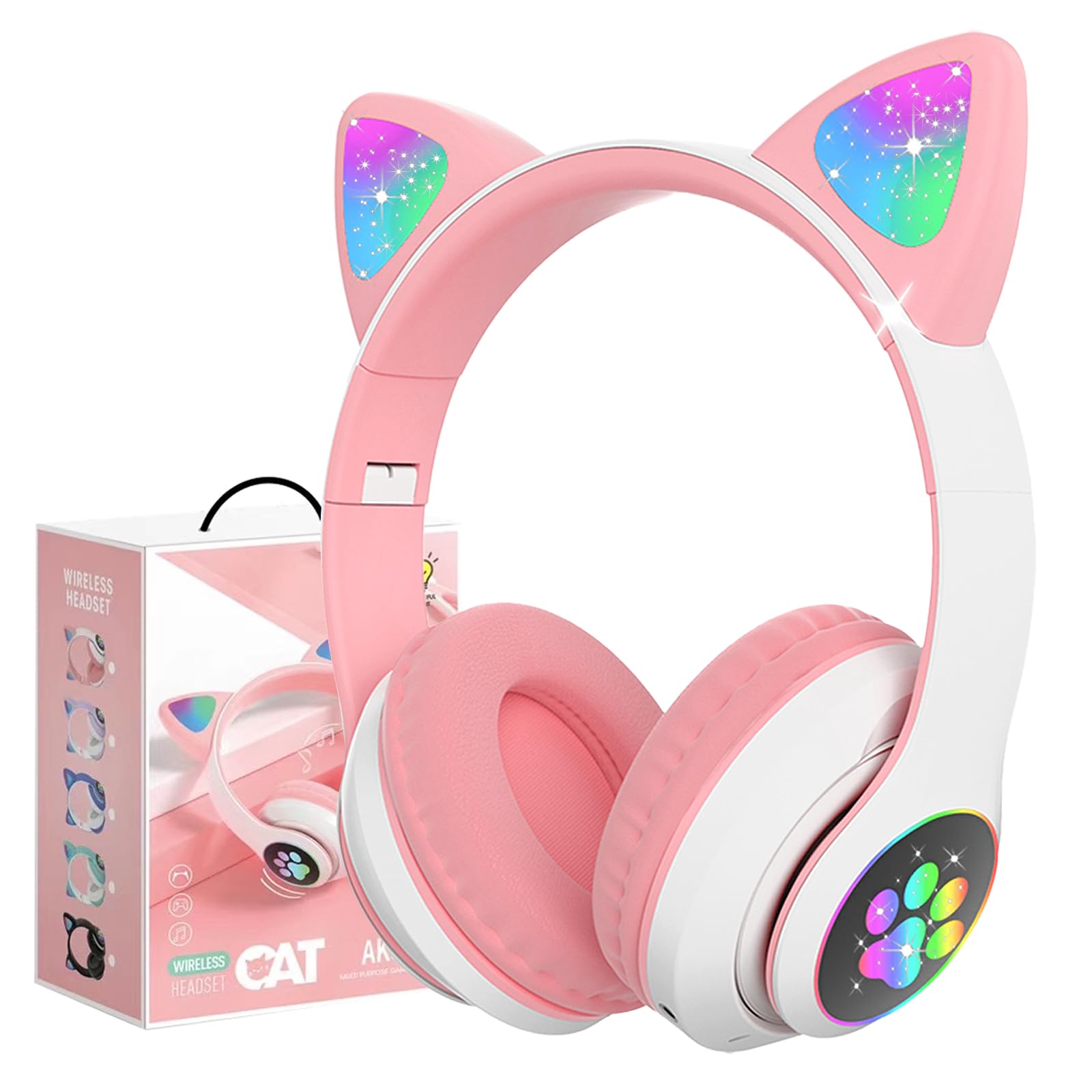 Megadream Wireless Headphones for Kids, Cat Ear Foldable Bluetooth Earphones Flashing LED Light Up Over Ear Headset with Microphone for iPhone/iPad/Tablet, for Girls Boys Gift Age 8+ (White) — image 1