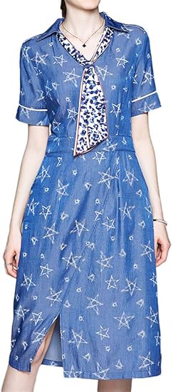 Amazon Youyouok レディース デニムワンピース 夏服 半袖 Vネック デニムスカート 気質 分割 ファッションドレス 通勤 ワンピース チュニック 通販