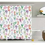 Jellyfish Decor Shower Curtain by Ambesonne, Pattern with Colorful Seahorses, Jellyfish and Seaweed Algae Fun Cheerful Design, Polyester Fabric Bathroom Set with Hooks, Multicolor