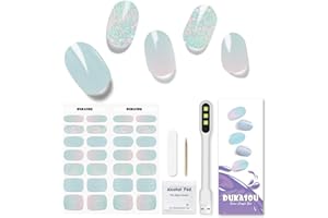 DUKASOU Semi Cured Gel Nail Strips, 28pcs Real Nail Polish Art Stickers/Wraps(Light not Included), Includes Prep Pads, Nail File & Wood Stick, Sticker Nails (Light Blue)