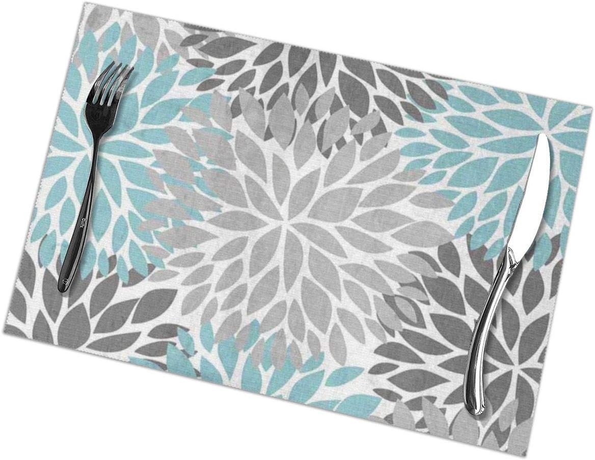 Dahlia Pinnata Flower Gray and Light Blue Placemats Set of 6 Washable