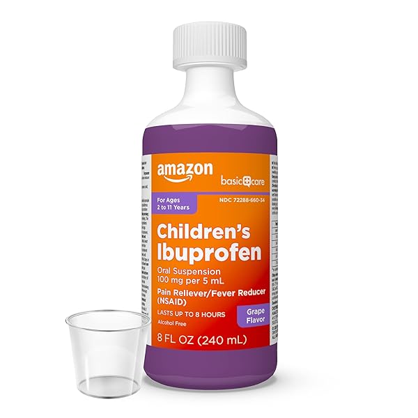 AMAZON BASIC CARE CHILDREN’S IBUPROFEN ORAL SUSPENSION 100 MG PER 5 ML, PAIN RELIEVER AND FEVER REDUCER, GRAPE FLAVOR, FOR MINOR ACHES, SORE THROAT, HEADACHE RELIEF AND MORE, 8 FL OZ (PACK OF 1)