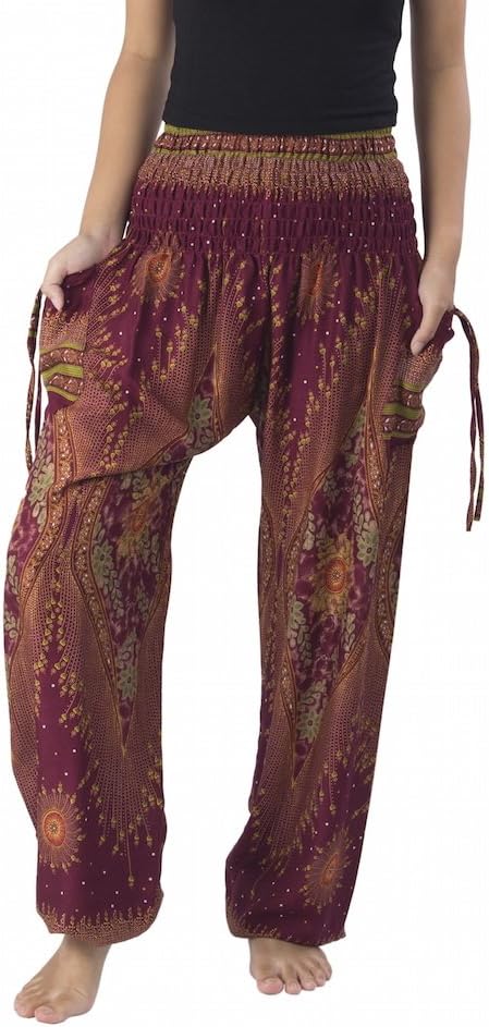 LannaclothesdesignWomen's Smocked Waist Boho Flowy Yoga Harem Pants Hippie Clothes