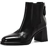 Bouwno Genuine Leather Ankle Boots for Women Round Toe Elastic Fall Booties Block Chunky Heels Slip-on Short Boots with Zipper