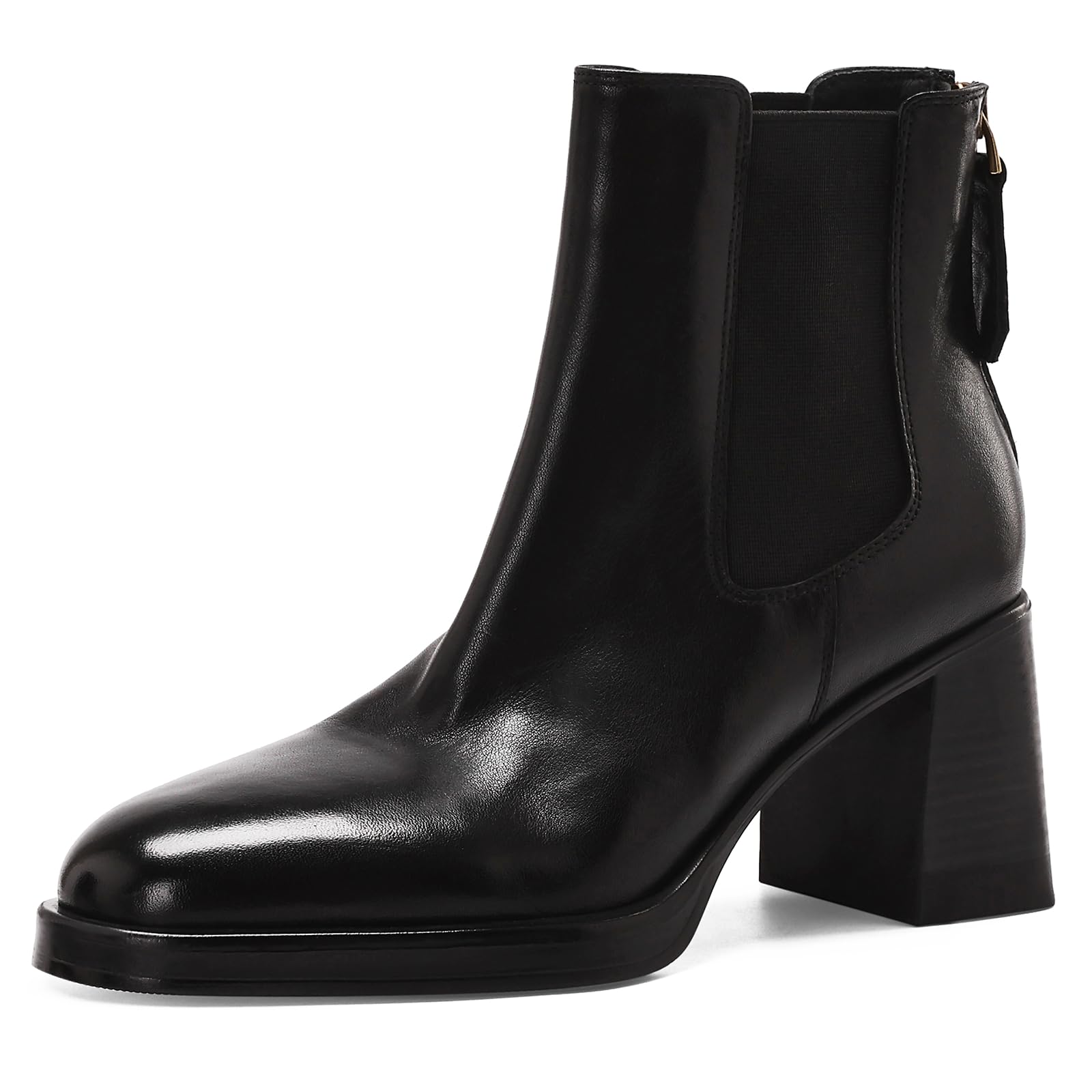 Photo 1 of Bouwno Black Genuine Leather Ankle Boots for Women Round Toe Elastic Fall Booties Block Chunky Heels Slip-on Short Boots with Zipper