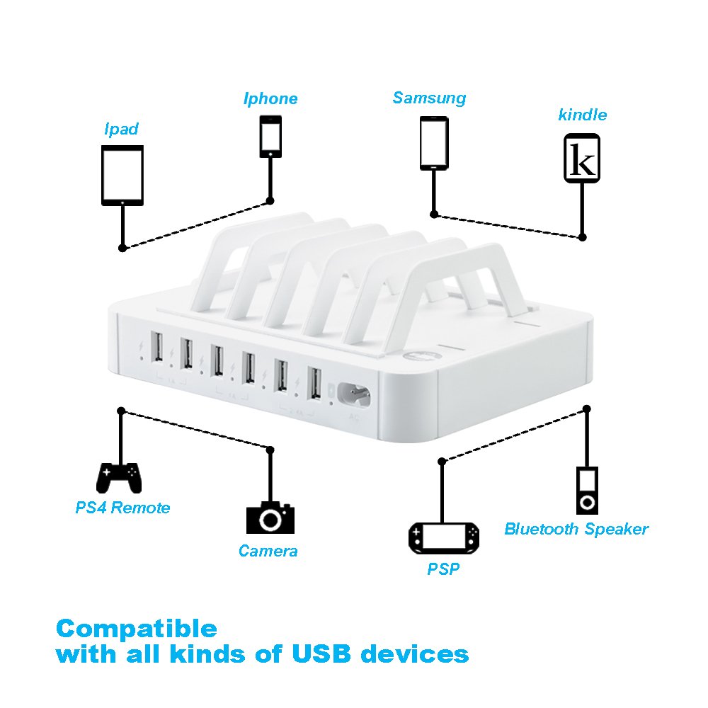 USB Charging Station,Tonyhoney 6-Port Detachable Universal USB Charging Station Dock Stand with Innovative Removable Baffles Organizer for Smart Phones & Tablets