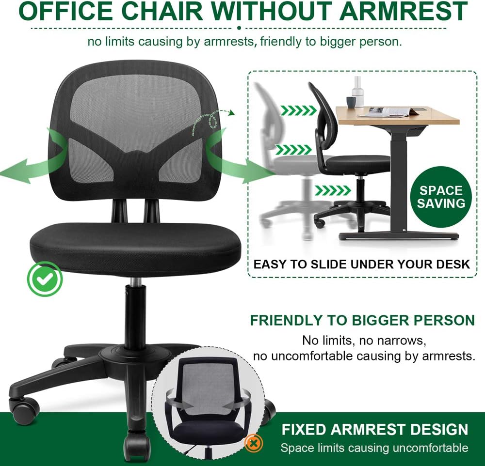 KOLLIEE Armless Mesh Office Chair Ergonomic Comfortable Armless Desk Chair Small Black Adjustable Computer Chair No Armrest Mid Back Swivel Task Chair for Small Spaces: Kitchen & Dining