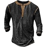 Yousify Mens Henley Shirt Long Sleeve Casual Cotton Basic T Shirts Button Washed Retro Lightweight Tee Tops