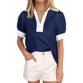 Tankaneo Womens Short Puff Sleeve Tops Summer Casual Color Block Blouses Lapel V Neck Loose Polo Shirts