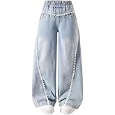 Nivne Tco Girls Baggy Jeans, Wide Leg Pants with Lace Trim - Trendy Loose Fit Casual Pants with Pockets for Everyday Wear
