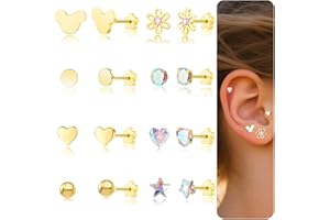 DAILI Hypoallergenic 14K Gold Earrings for Girls Women, Toddler Screw Back Baby Earrings for Sensitive Ears Silver Kids Earrings Cute Flower Heart Star Ball Dot Mouse Titanium Flat Back Stud Earring Sets