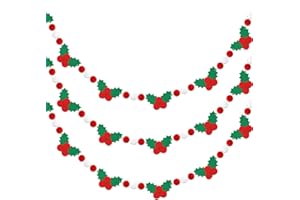 Jansun 3 Pack Christmas Felt Pom Pom Garlands, 24.6 Feet Christmas Tree Decorations Holly Leaves and Berry Garland Ornaments for Winter Home Outdoor Party Hanging Decor Supplies