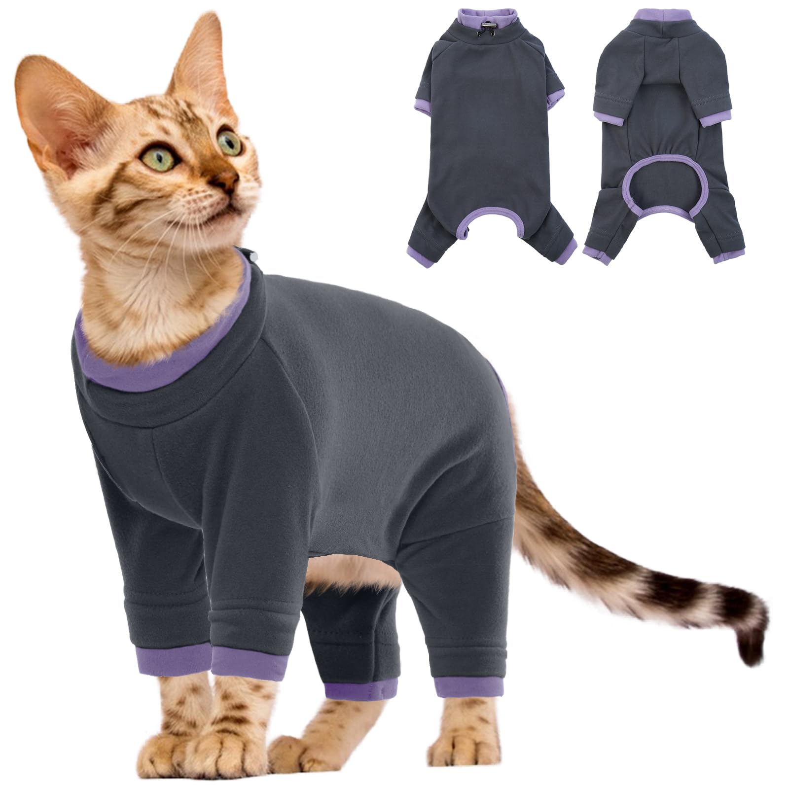 Cat Jumper Fleece, Onesie Post Surgery Bodysuit after Surgery Turtleneck Fleece Winter Warm Clothes Solid Color with Adjustable Neckline(Black, L)