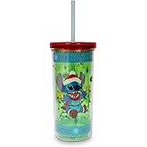 Silver Buffalo Disney Lilo & Stitch Holiday Lights 20-Ounce Plastic Carnival Cup Tumbler With Reusable Straw And Leakproof Lid