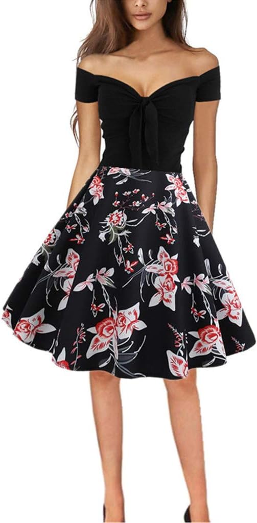 PASATO Women Classic Vintage 1950s Retro Off Shoulder Floral Printing Evening Party Prom Swing Mini Dress
