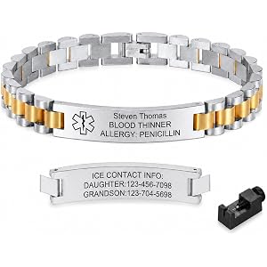 Personalized Medical Alert Bracelets for Men / Women -Stainless Steel Waterproof Medical ID Bracelets Customizable Medic Info