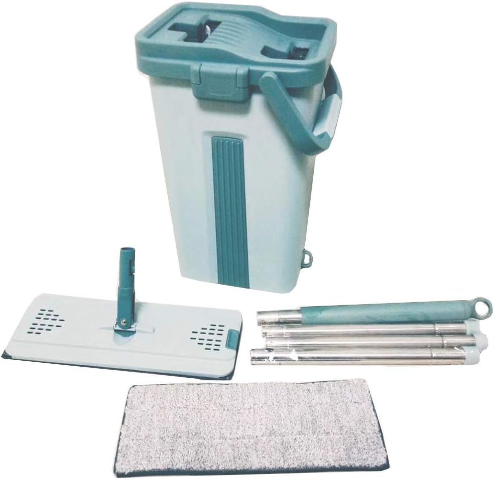 JEBBLAS Flat Squeeze Mop and Bucket - Hand-Free Wringing Floor Cleaning Mop - 2 Types Washable & Reusable Microfiber Mop Clothes/Pads Included (Green Bucket & Flat Mop & 2 Refill Pads)