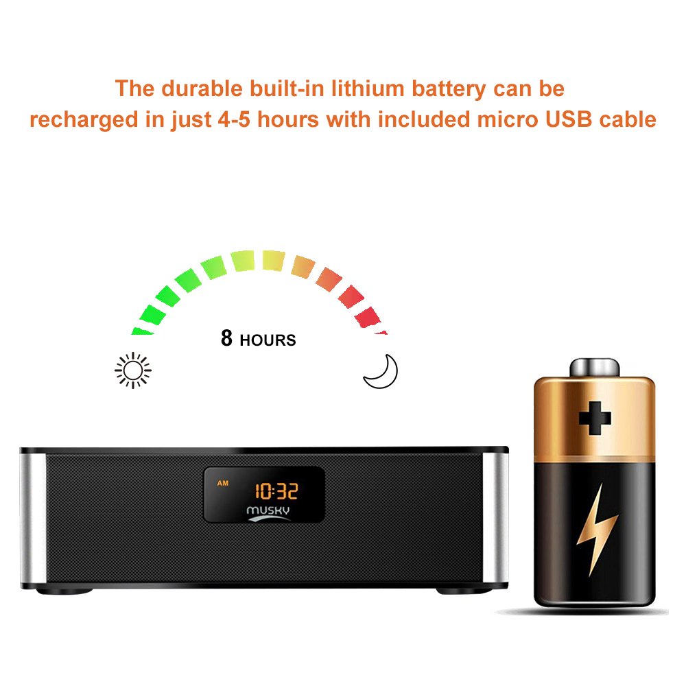 Portable Bluetooth Speaker Stereo FM Radio, ZEPST Wireless Speaker with LED Screen, Alarm Clock, Bold Bass, Handsfree, 8h playtime for iphone, Mobile, Tablet and PC