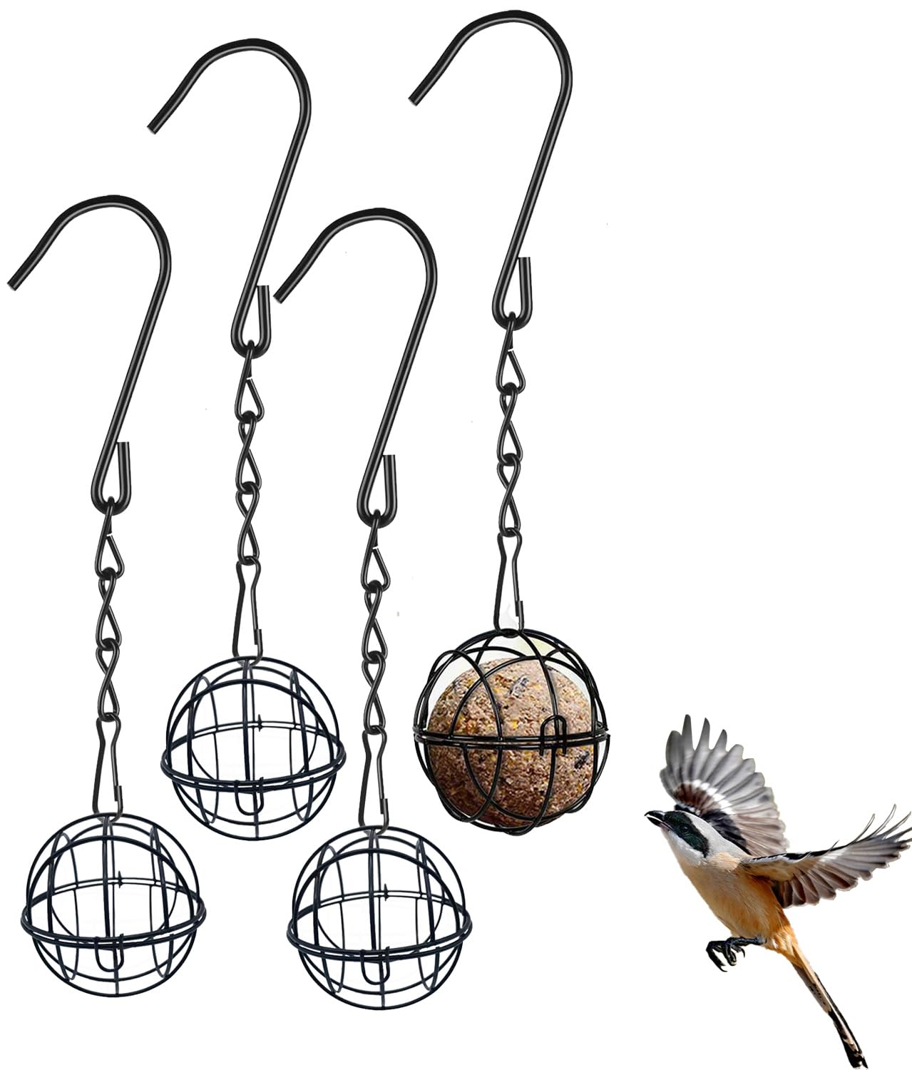 4pcs Black Metal Fat Ball Bird Holder - Hanging Bird Feeder with 4 S-shaped hooks for Outdoor Garden Wildlife Birds Finch Sparrow Robin