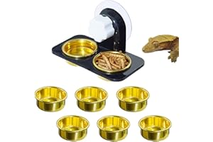 MRTIOO Enhanced Crested Gecko Feeding Ledge, with 6 Metal Food Cups, Reptile Amphibian Food Bowls and Water Dish, for Lizard Or Other Small Pet Feeder Ledge Accessories Supplies - 6 Golden Cups