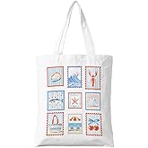 ZYQFN Coastal Retro Beach Stamp Canvas Tote Bag - Vintage Seaside Design Reusable Grocery Bag - Nautical Aesthetic Beach Tote for Summer, Travel. (125)