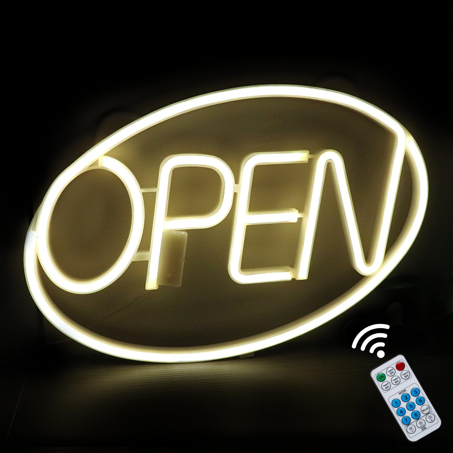 iKefe 16 x 10 Inch LED Neon Light Up Open Sign with Remote Timer, Large Outdoor USB Powered Open Closed Door Neon LED Lighted Signs for Business, SPA, Bar, Restaurant, Flower Shop, Bakery (Warm White)
