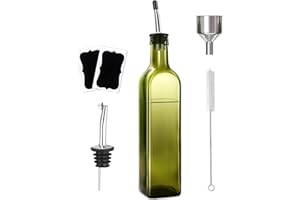 Green Glass Olive Oil and Vinegar Dispenser Set (500ml) – 1 Kitchen Oil Bottle, Including 2 Stainless Steel Pour Spouts, 2 La
