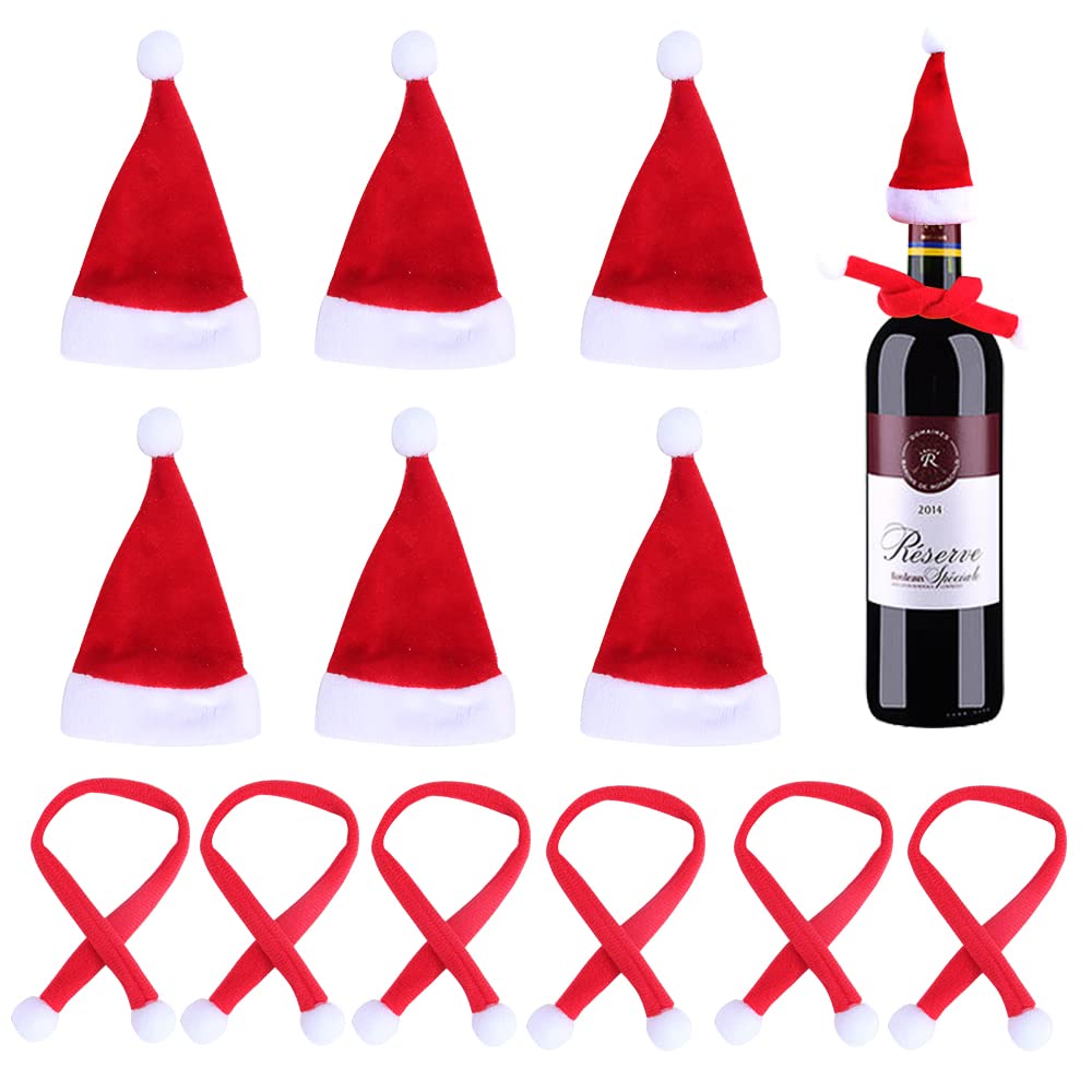 Skystuff Mini Santa Hats Set Red, 12 PCS Christmas with Scarves for Felt Wine Bottle Covers Table Decor Tableware Cutlery Holders Finger Xmas Party Favor, White, S