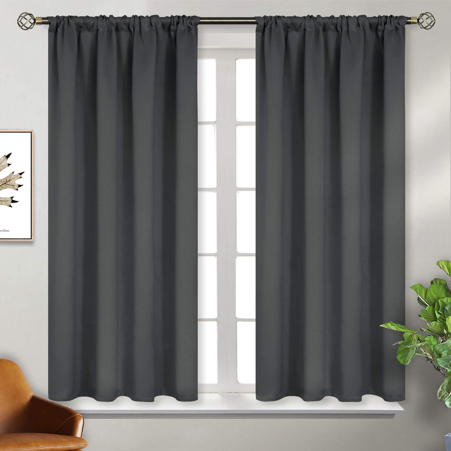 BGment Short Blackout Curtains for Bedroom - Rod Pocket Thermal Insulated Room Darkening Curtain for Kitchen, 52 x 45 Inch, 2 Panels, Dark Grey