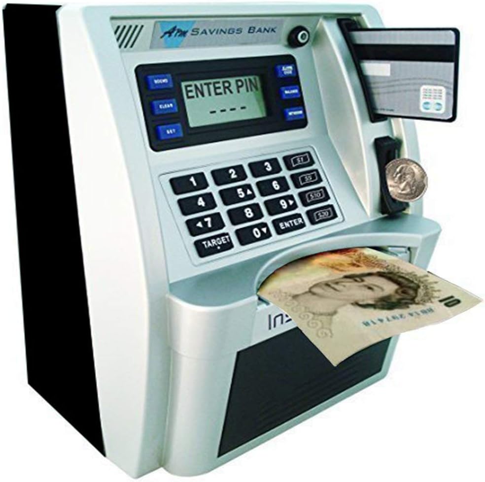 YaBao Pounds Version Electronic ATM Savings Bank Digital Piggy Money Bank Machine,Electronic Cash Box with Debit Card,Password Login,Voice Prompt,Coin Recognition,Targets Setting (Silver/Black)
