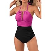 B2prity Women's One Piece Swimsuit Tummy Control Halter Bathing Suit Slimming Supportive Long Torso Friendly Swimwear