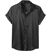 Falainetee Men's Satin Leopard Print Short Sleeve Button Down Lapel Collar Silk Shirts Top