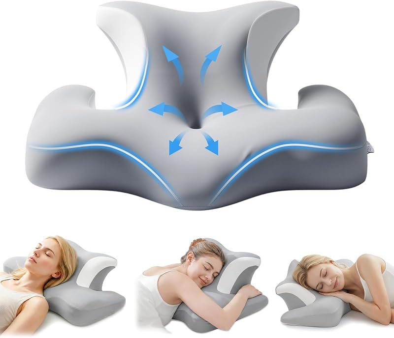 Oreiller Ergonomique Cervical Mémoire de Forme – Coussin Cervicales Douloureuses, Modèle Papillon avec Cavités d’Oreilles, Soutien pour la Nuque, Housse Lavable, Gris