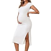 MARI GABRIEL Womens Split Maternity Dresses Bodycon Ruched Ribbed Knit Photoshoot Baby Shower Pregnancy Dress
