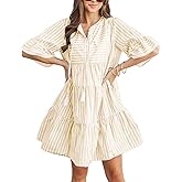 chouyatou Women's Summer Trumpet Sleeve Striped Dress Tiered Boho Beach Midi Long Cute Babydoll Dress