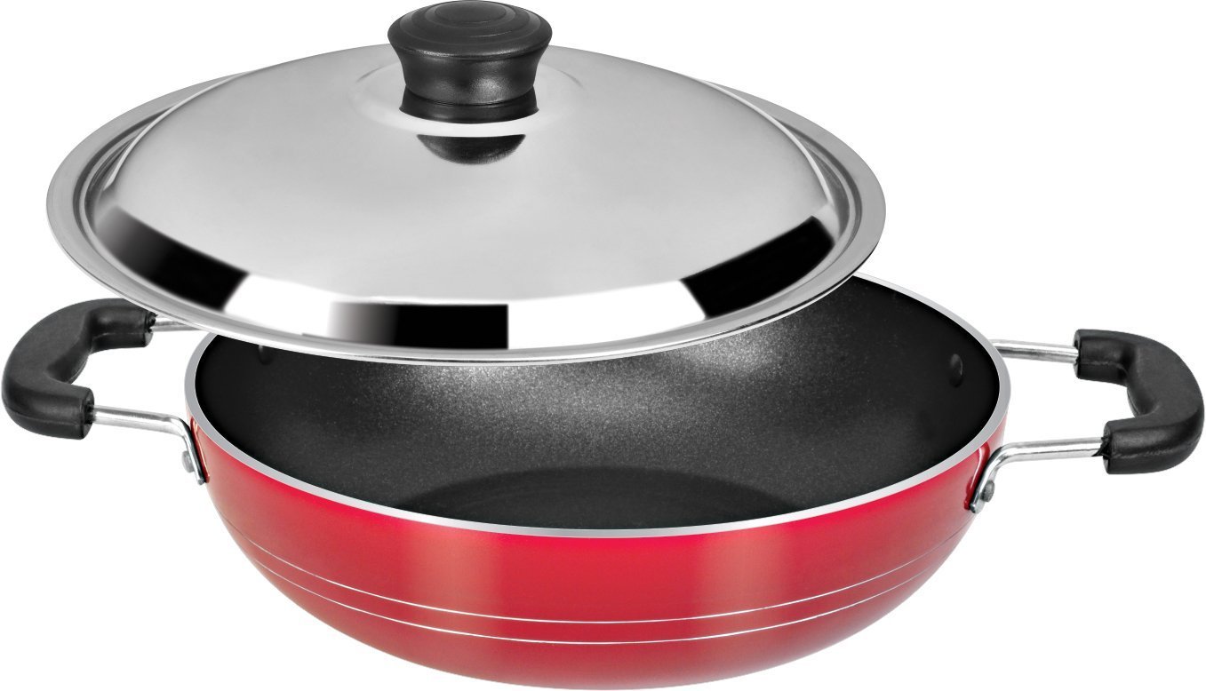 G&D Non-Stick Coating Kadai Fry Pan with Steel Lid Non-Stick Aluminum Kadhai Deep Fry Pan All Purpose Pan 2.6 mm
