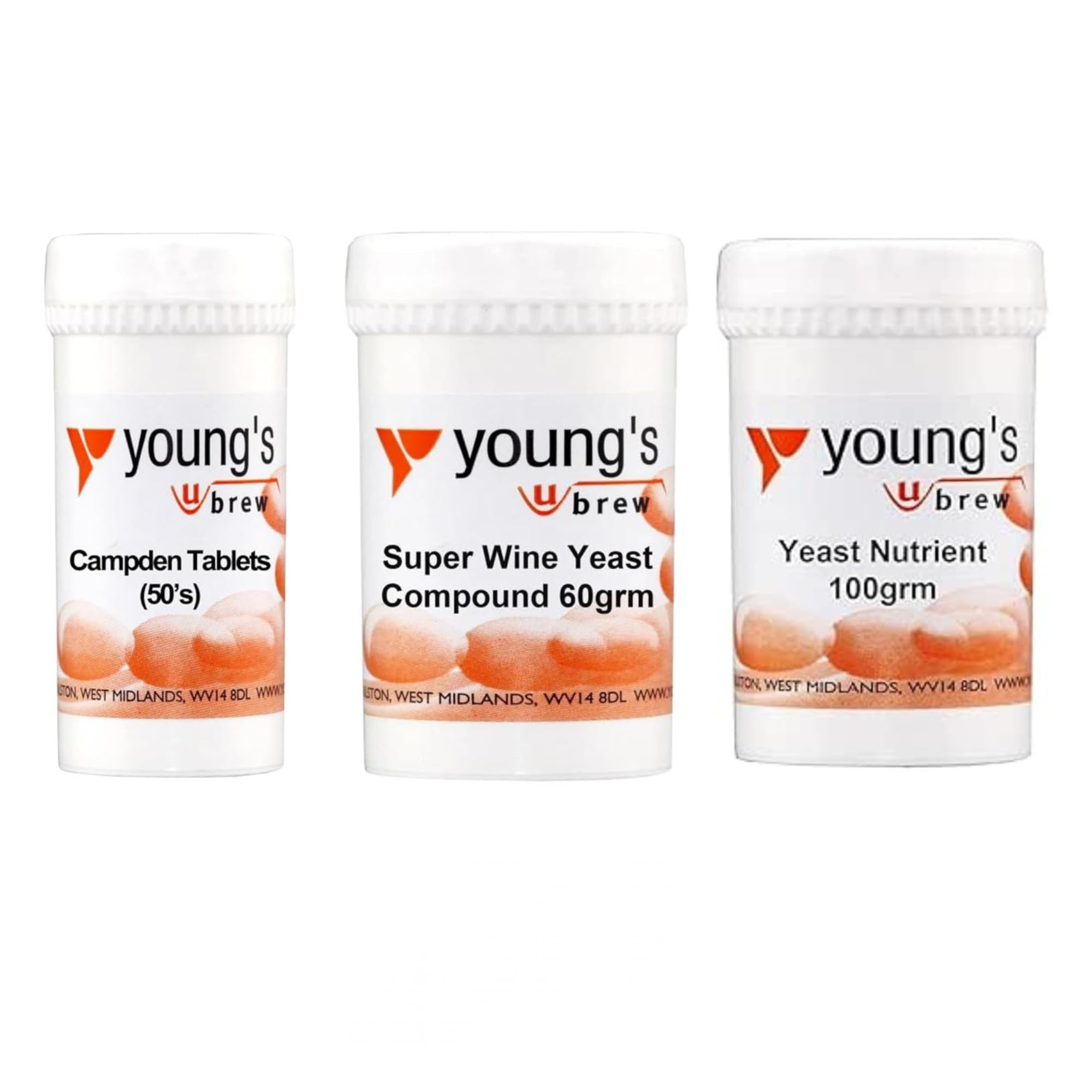 Young's Home Brewers Wine Yeast Compound with Yeast Nutrient & Campden Tablets - Suitable for Homemade Wine Making and Brewing - 60g Compound, 100g Nutrient, 50pk Tablets