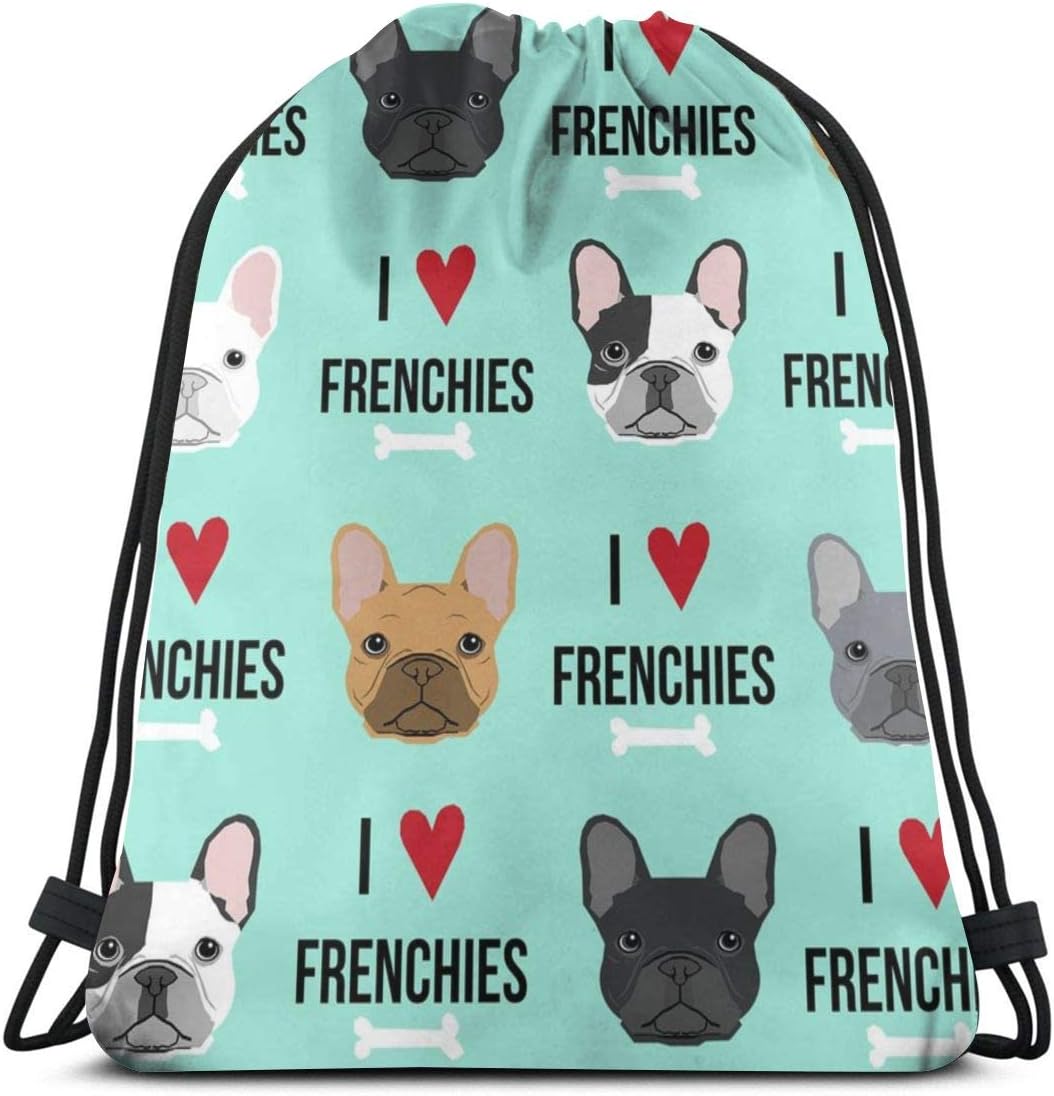 Frenchie Dog - I Love French Bulldogs - Frenchie Face - Aqua_372 Drawstring Backpack Rucksack Shoulder Bags Lightweight Gym Bag for Hiking Yoga Gym Swimming Travel Beach