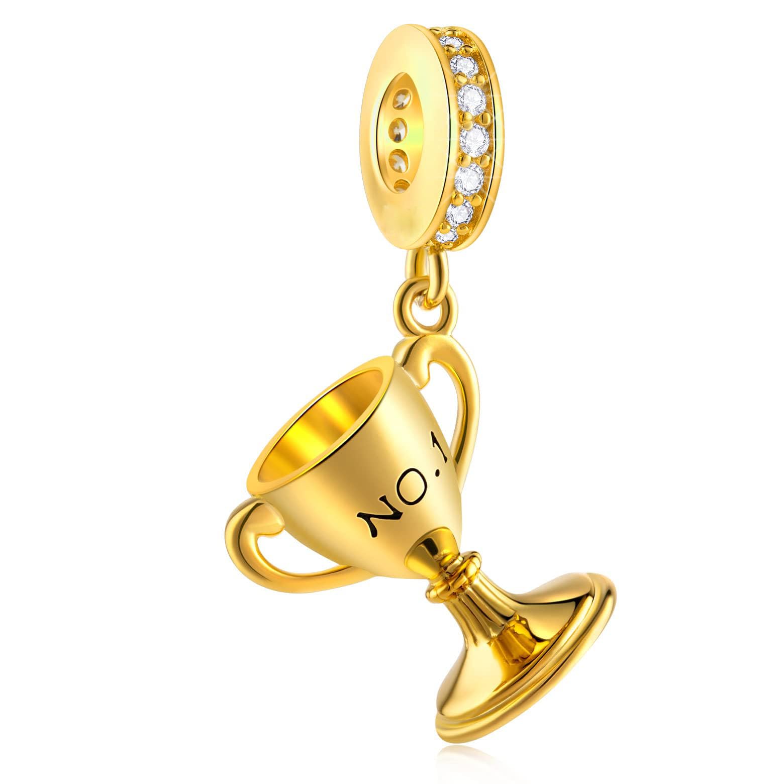 18K Gold Plated Champion Winners Cup Trophy Dangle Charms, fits Pandora Sport Bracelet Necklace, 925 Sterling Silver No 1 Pendant Victory Beads, Gifts for Daughter/Son