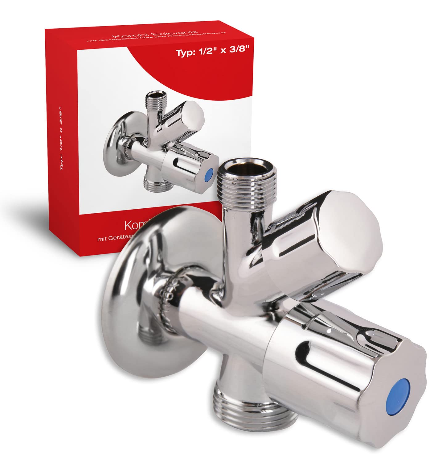 Sanitop-Wingenroth Geräte Chrom | Kombi-Eckventil Geräteanschluss | Anschluss: 1/2 x 3/8 x 3/4 Zoll | mit Wandrosette | Rückflussverhinderer | Messing | 17001 7 Angle Valve, Chrome