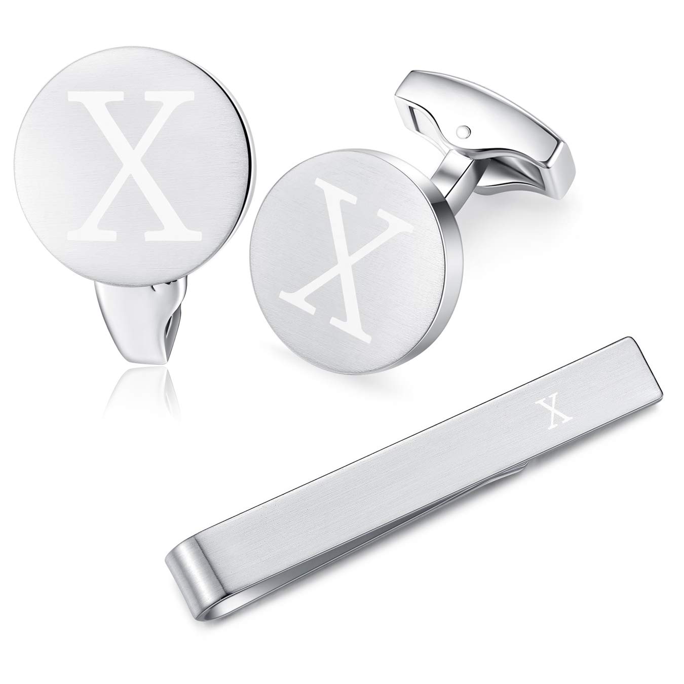 HONEY BEAR Initial Alphabet Letter Cufflinks Skinny Tie Clip Set for Mens Shirt - Round Stainless Steel, for Skinny Narrow Tie Business Wedding Gift,Brushed Silver,4cm (X)