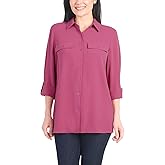 Hilary Radley Women's Roll Tab Sleeve Blouse, Button Down, Long Sleeve, Crinkle Top with Chest Pockets