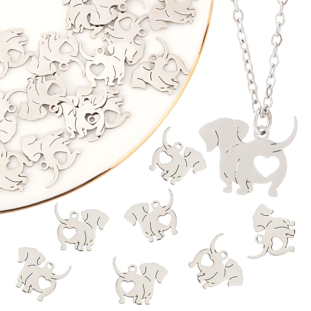 Beebeecraft 1 Box 16Pcs Dog with Heart Charms Stainless Steel Animal Pet Pendant Charms for Jewelry Making Necklace Bracelet Craft Supplies
