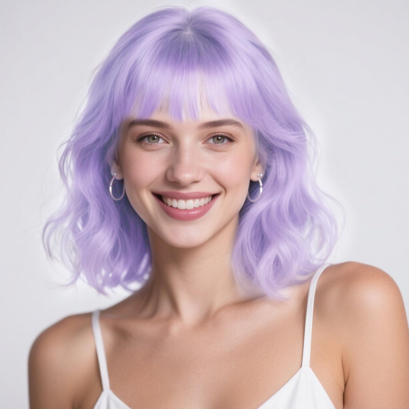 Photo 1 of SUKRI Purple Wig with Bangs 12 Inch Short Bob Wavy Wigs for Women Shoulder Length Women's Curly Wigs for Halloween Costumes Cosplay