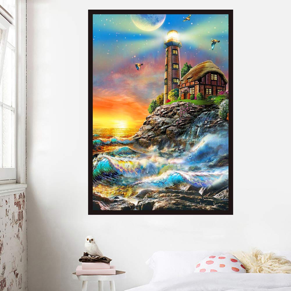 5D DIY Diamond Painting by Number Kit for Adult, Full Drill Diamond Embroidery Dotz Kit Home Wall Decor Urban Local Architecture Landscape (Lighthouse, 30 x 40 cm)